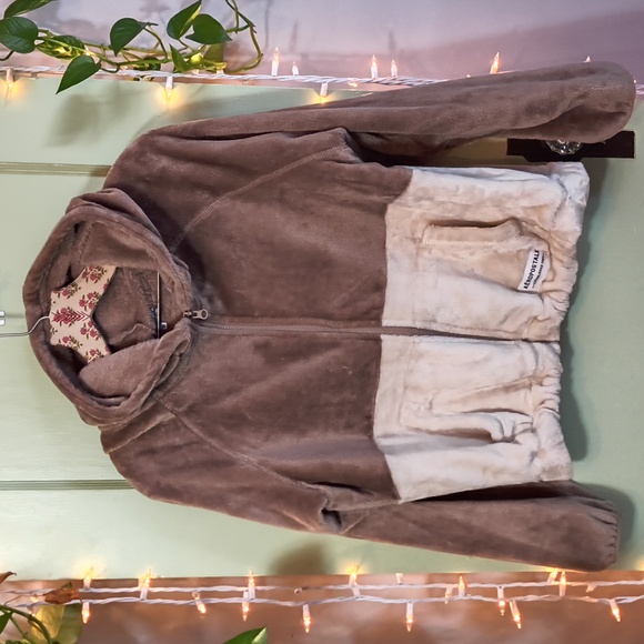 Women's Aeropostale Lounge Teddy Snuggly Brown Cream Hooded Jacket M - Picture 2 of 11